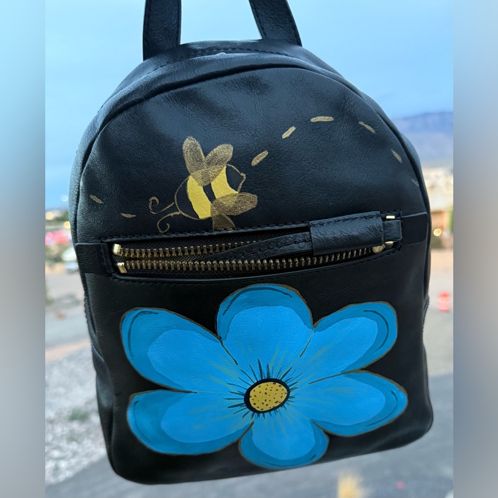 Fossil Megan Black Leather Small Backpack with Hand Painted Blue Flower and Bees